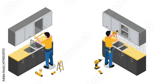 Isometric kitchen cabinet installation scene with tools and worker in blue jeans
