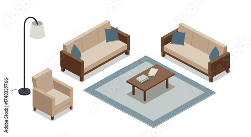 Isometric living room setup with sofa set, armchair, coffee table, and floor lamp