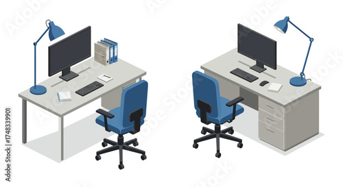 Modern office desks with computers and lamps in isometric style