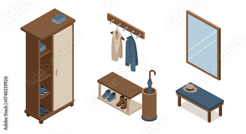 Isometric hallway furniture set: wardrobe, coat rack, bench, mirror, shoe storage, umbrella stand