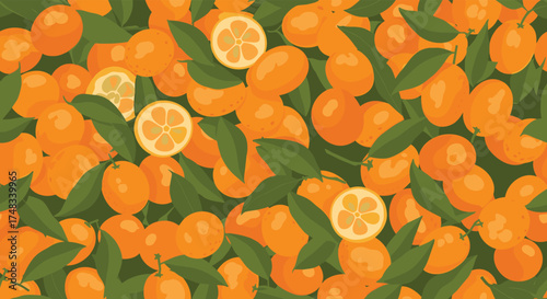 A vibrant close up of freshly picked ripe kumquats with green leaves.