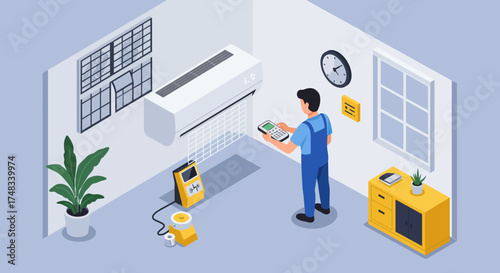 Technician conducting air conditioner maintenance in modern room setting