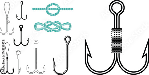 Illustration showing various fishing hooks and nautical knots on white