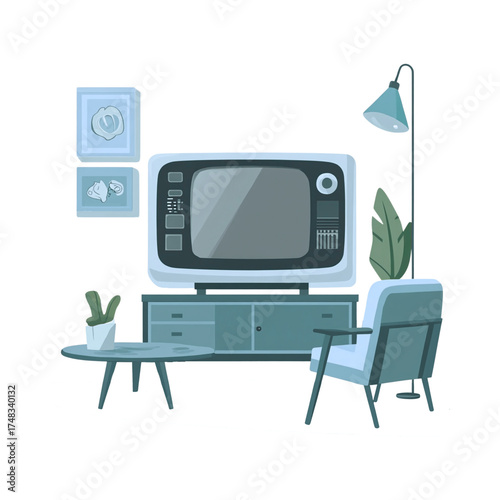 Cozy retro living room interior design with vintage television, armchair, and home decor items. Nostalgic vector illustration of a comfortable lounge area