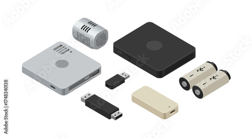 Isometric devices set featuring projectors, chargers, usb drives, and power banks in modern design