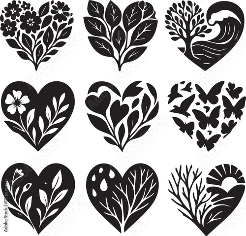 Collection of nine black heart shapes filled with various natural elements like flowers, leaves, trees, waves, and butterflies, isolated on a transparent background