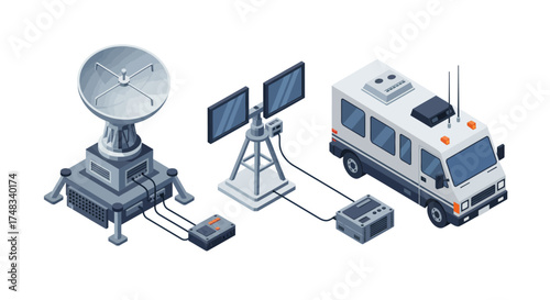 Isometric communication equipment with satellite dish and mobile unit