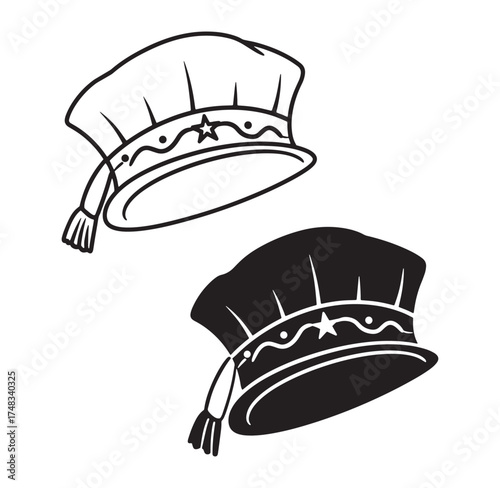 Two illustrated chef hats in black and white outlines representing culinary professions