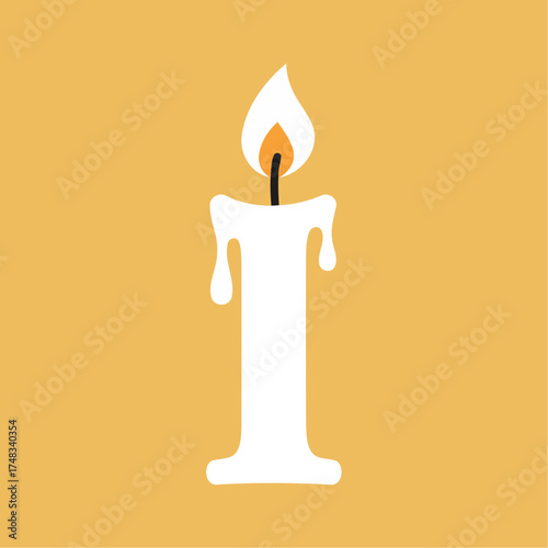 Flat Design White Burning Candle Vector Illustration with Melting Wax on Yellow Background