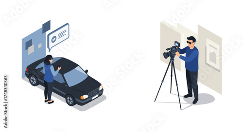 Automotive photography concept with isometric characters interacting with technology