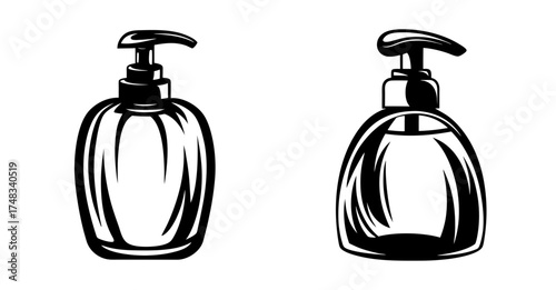 Two black and white soap dispensers with pumps for handwashing and hygiene essentials