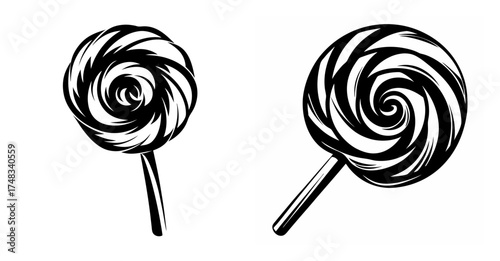 Two swirl lollipops artistic drawing style high contrast black and white classic candy treats