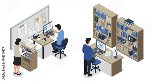 Modern office workspace design with isometric furniture and smart technology integration
