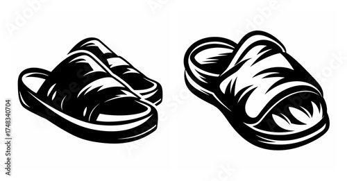 Pair of black slip-on slides and a single clog-style slipper for casual comfort and warmth