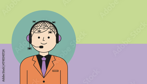 Smiling Halloween customer service agent in headset with spiderwebs Spooky business support concept