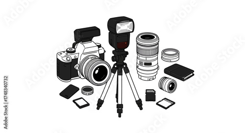Digital camera equipment set with tripod and accessories in modern design