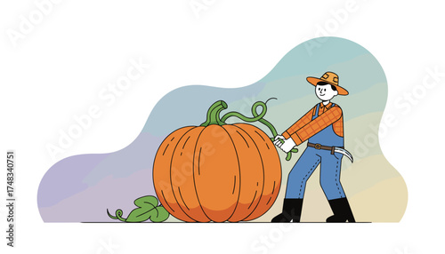 Farmer harvesting a large pumpkin symbolizing autumn harvest season and fresh produce