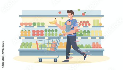 Happy father shopping with baby in carrier at supermarket Family grocery time healthy lifestyle