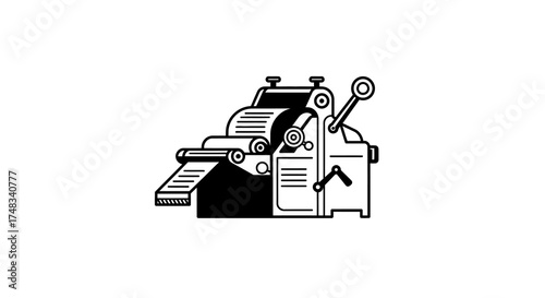 Retro printing press in black and white with bold line design