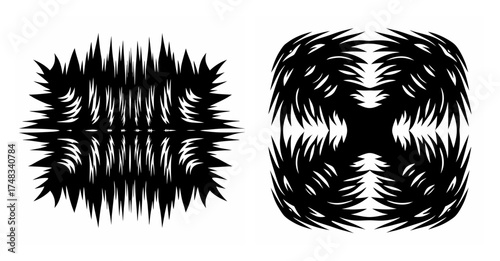 Two abstract soundwave designs symmetrical and jagged graphic art visualizations
