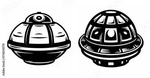 Two distinctive futuristic spherical robotic drones with segmented domes and circular bases displayed side by side for comparison