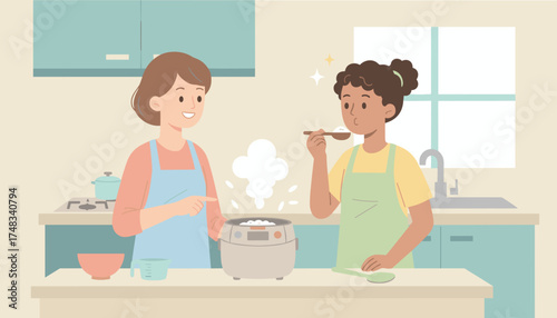 Mother and child cooking rice together in a modern kitchen sharing a happy moment
