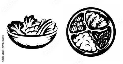 Healthy food icons salad bowl divided plate nutrition balanced meal dietetics culinary healthful eating concepts