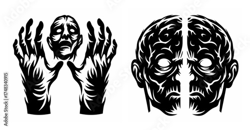 Haunting zombie hands emerging from darkness with a disturbing split head design graphic art