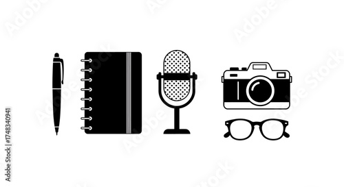Creative tools collection: classic microphone, vintage camera, pen, and notebook silhouettes