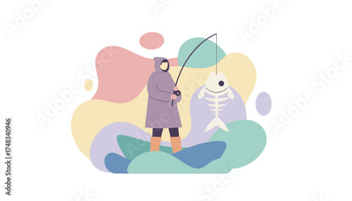Fisherman with rod caught a fish skeleton depicting humorous bad luck or hobby
