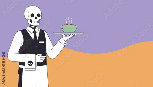 Skeleton waiter in uniform serving steaming food on a tray Halloween or spooky hospitality concept