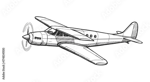 Vintage airplane in sketched style with propeller in motion