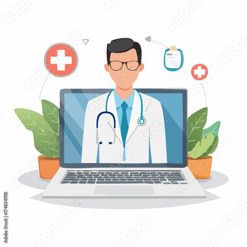 Online Doctor Consultation via Laptop Telemedicine Service.