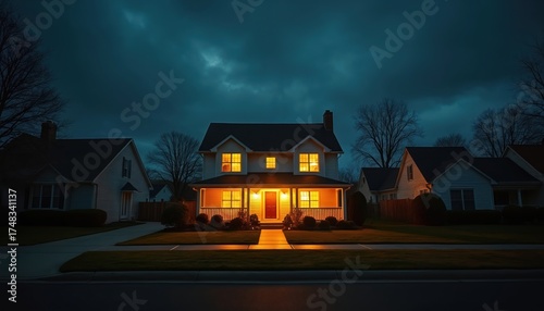 Isolated house glows with warm light on dark suburban street. Neighboring homes are dark and unwelcoming under stormy night sky. Contrast highlights resilience and normalcy in blackout.