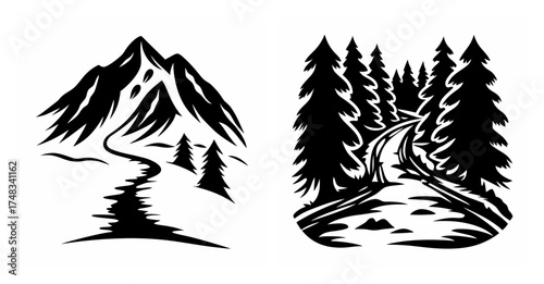 Black and white mountain and forest hiking trail graphics iconic outdoor adventure symbols