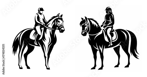 Two equestrians on horses depicted in stylized line art facing each other silhouette