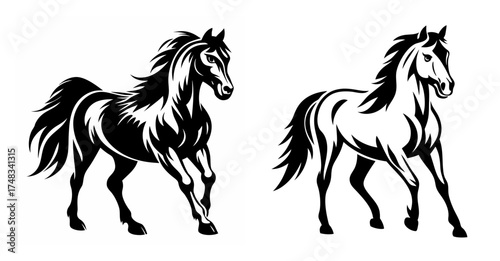 Dynamic horse pair galloping majestic equine power athleticism graceful animal motion sprinting purebred racehorse