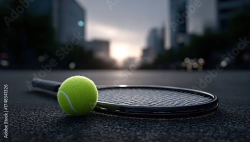 Close up of bright green tennis ball and black racket on wet asphalt with city skyline in background during sunset