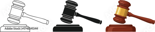Gavel set including line art silhouette and color representing law and justice isolated on white