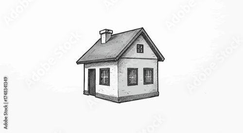 Monochrome hand-drawn sketch of a cozy house with chimney and gabled roof