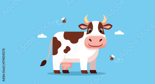 An adorable cartoon cow stands in a blue meadow with flies buzzing around it.