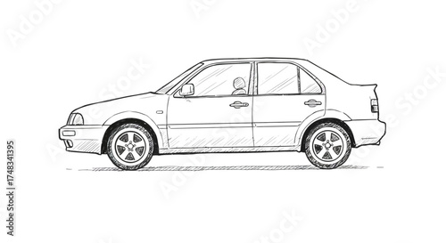 Hand drawn sketch of a classic sedan car in profile view