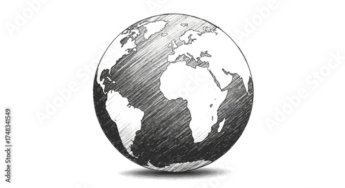 Sketched globe with shaded continents on white background