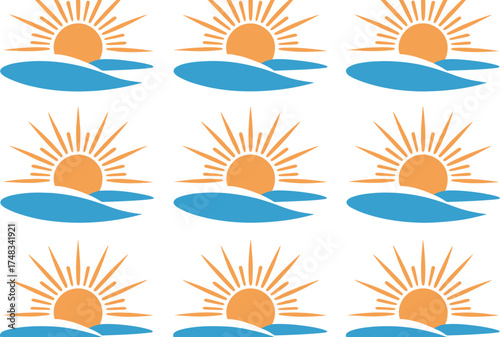 Repeating pattern of sun rising over water on a white background image
