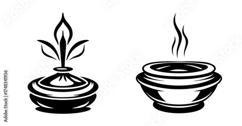 Two distinct incense burners a diwali diya with flames and a bowl emitting fragrant smoke