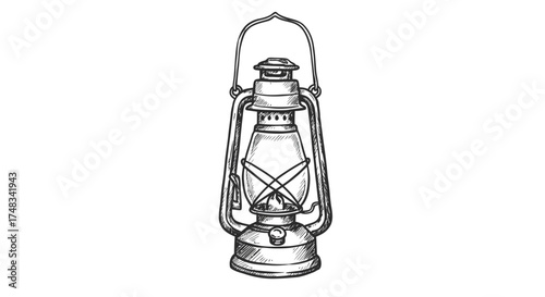 Vintage kerosene lantern sketch with intricate crosshatch design