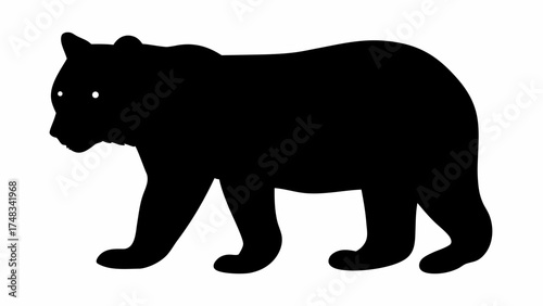 Silhouette of a bear walking with visible eyes and ears depicted in black against a white background image