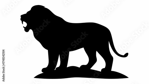 Silhouette of a roaring lion standing on a small mound in black and white with a visible tail and mane