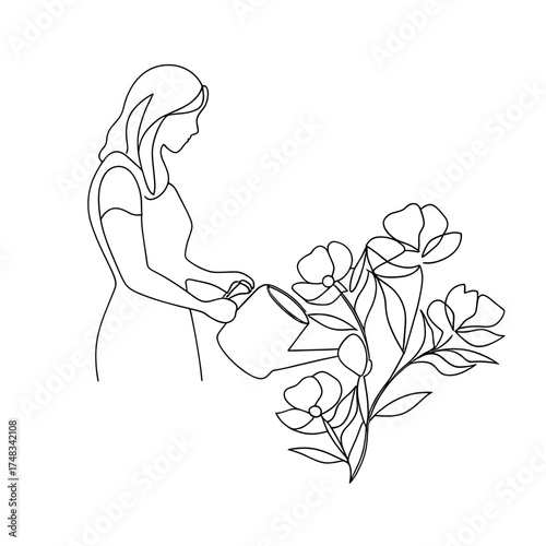Woman watering flowers with watering can in minimalist line art  