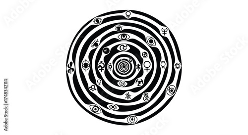 Hypnotic spiral vortex with symbolic icons of eyes and celestial bodies